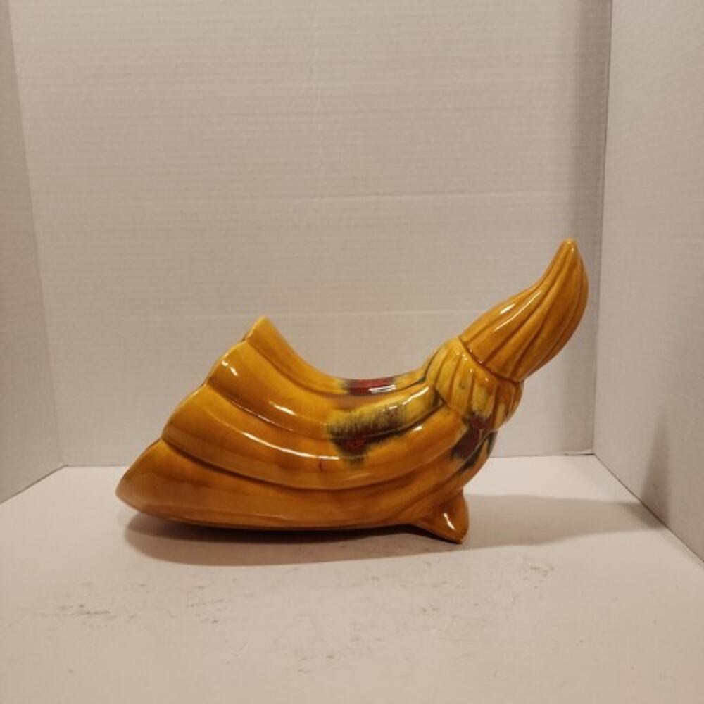 Vtg Ceramic 12" Horn Of Cornucopia Planter, Brown Orange Green, Thanksgiving